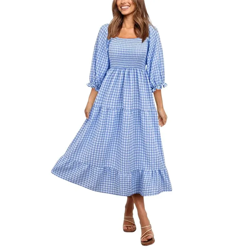 Robes décontractées Femmes Bohème Trois Quarts Printemps Automne Robe mi-longue Adulte Hors Épaule Plissée Puff Seeve PlaidCasual