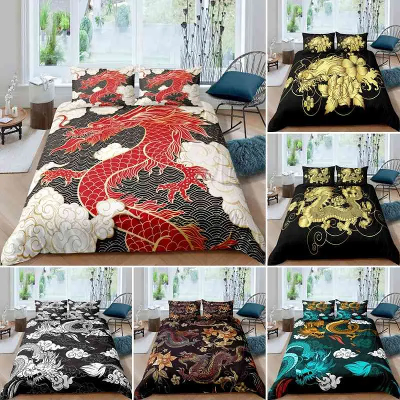 Dragon Duvet Cover King Queen Japanese Style Exotic Bedding Set Ancient Mythical Animal Comforter Asia Culture Quilt