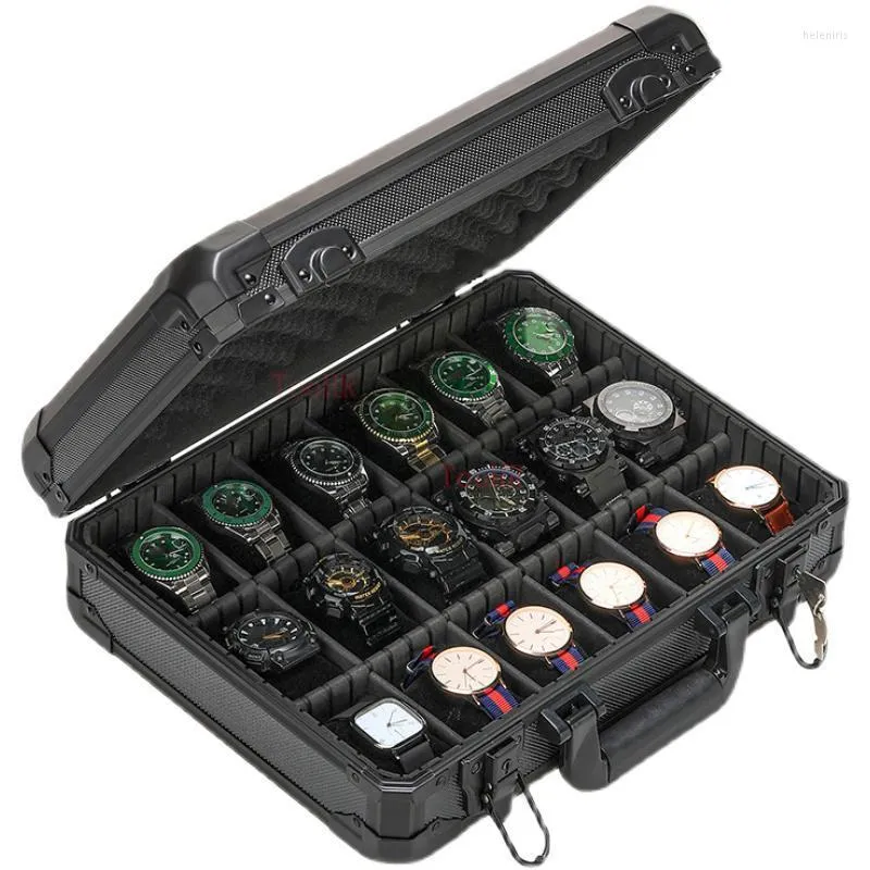 Boîtes de montre Case Slots Boîte de rangement en aluminium Boîte de valise Affichage de la cloison mobile avec flanette Soft Horlow Boxwatch HELE22