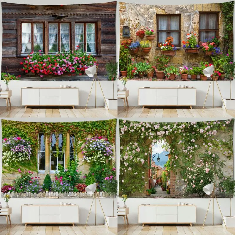 Tapisseries Jardin Rebord De Fenêtre Fleurs Paysage Tenture Murale Paysage Idyllique Tapisserie Tissu Plage Tapis Fleur Couverture Décoration De La MaisonTapestrie