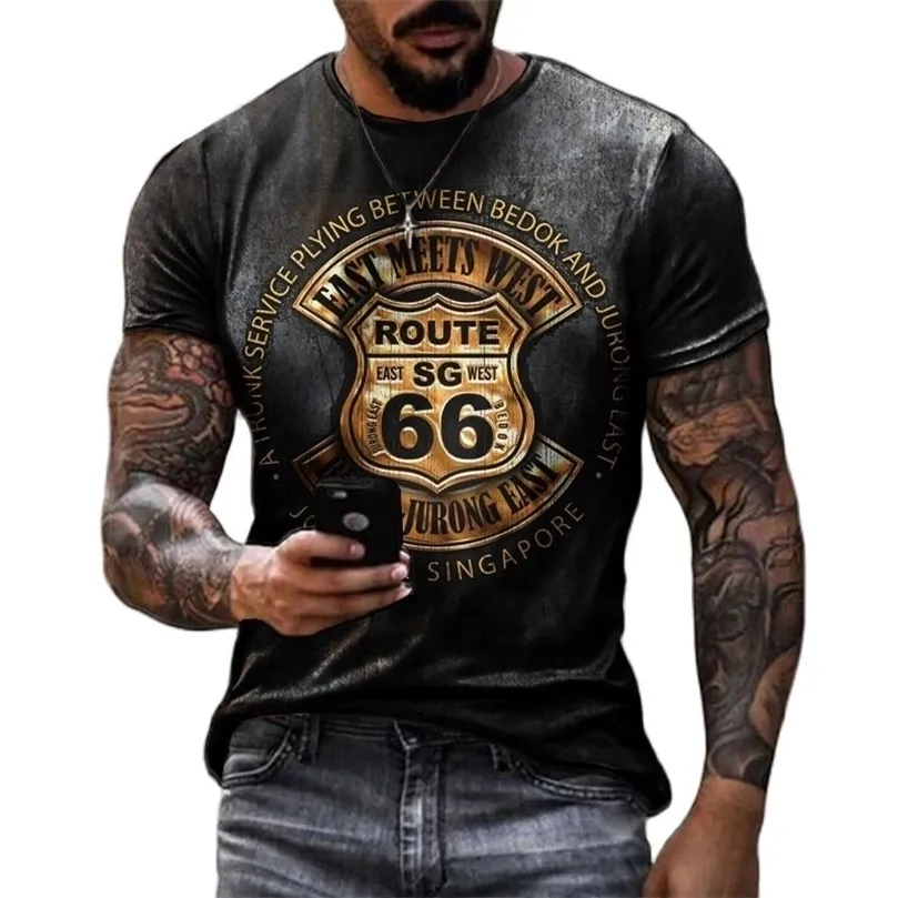 Summer Mens Retro Tshirts US Route 66 Letter Print Kort ärm överdimensionerade lösa klädbesättningar Hals Topp Streetwear 6xl 220521