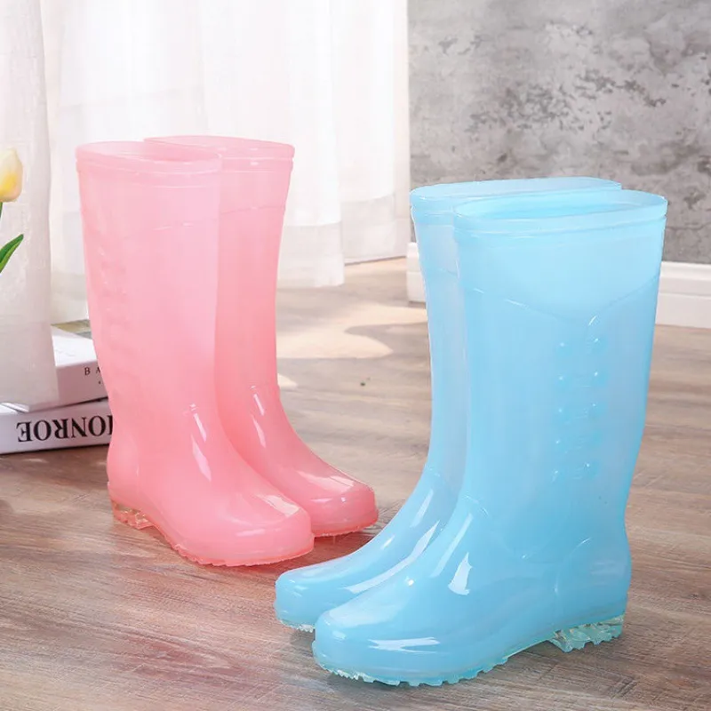 Pofulove High Tube Rain Boots女性PVC防水ワークウォーターシューズの女の子キャンディーカラーファッションスリップニーハイジェリーボタ