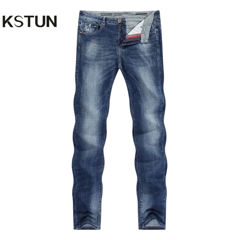 KSTUN Jeans Hommes Stretch Summer Blue Business Casual Slim Straight Jeans Mode Denim Pantalon Homme Pantalon Regular Fit Grande Taille 201128