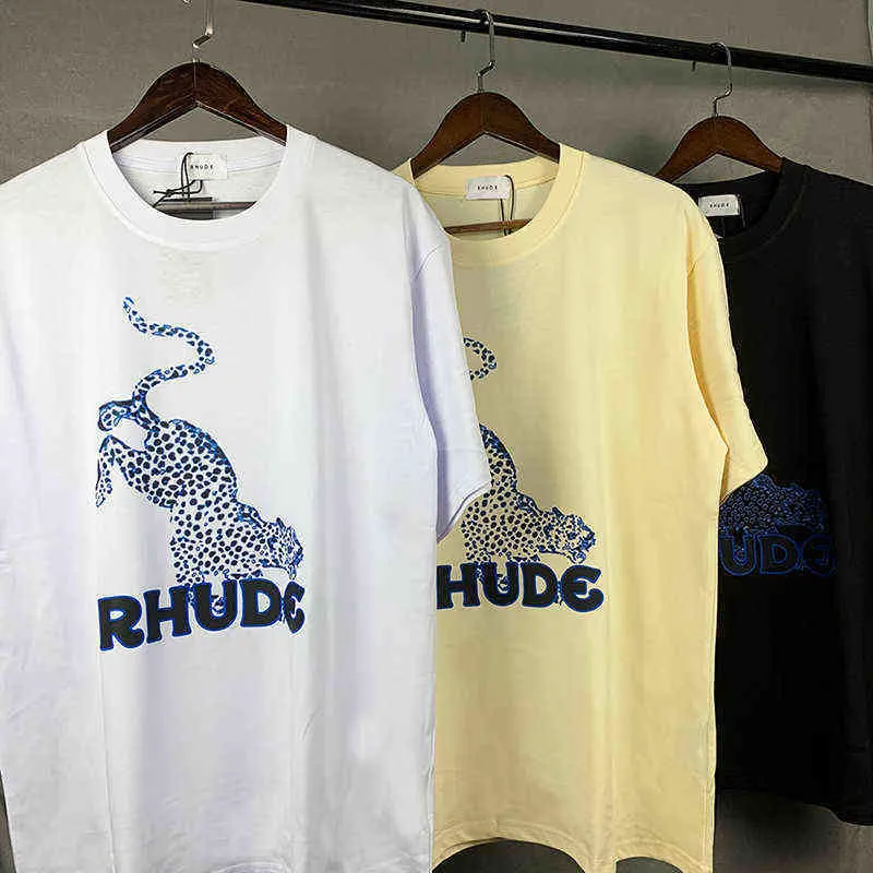 브랜드 디자이너 티셔츠 대형 고품질 2022 Rhude Leopard Print Street 남자 여자 1 : 1 HD Castle T-Shirt