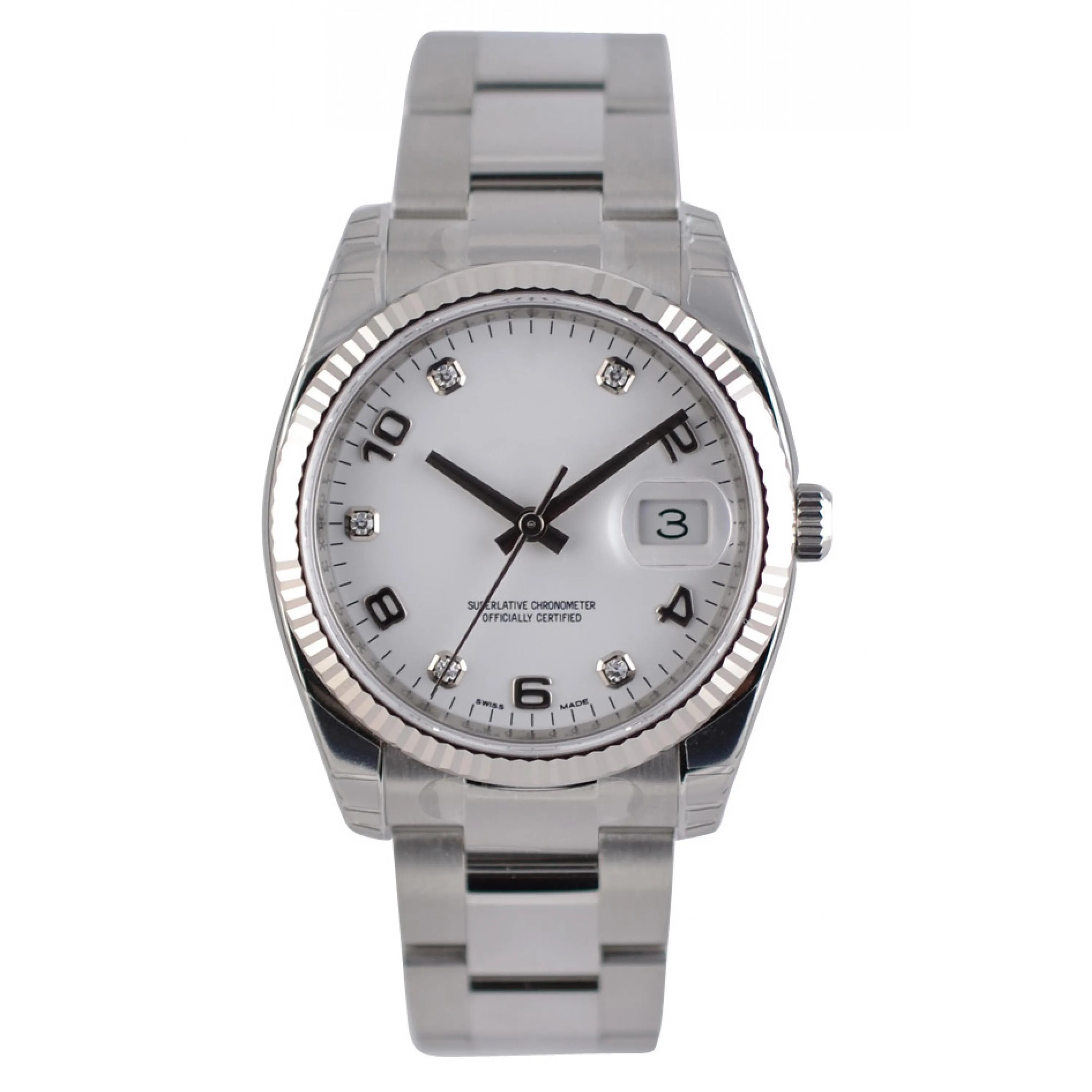 Högkvalitativ asiatisk klocka 2813 Sports Automatiska mekaniska klockor 36mm White Dial Fashion Arabiska siffror Hour Markers Luxury Ladies Watchs Sapphire Glass 115234