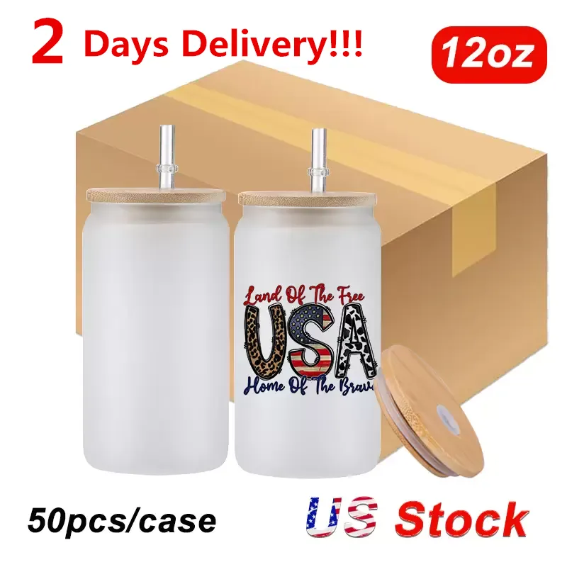 US Stock 12oz Drinkware Glaswerk Iced Coffee Diy Blanco bril Tumbler Sublimation Soda Can Formed Beer Glass met deksel snelle levering