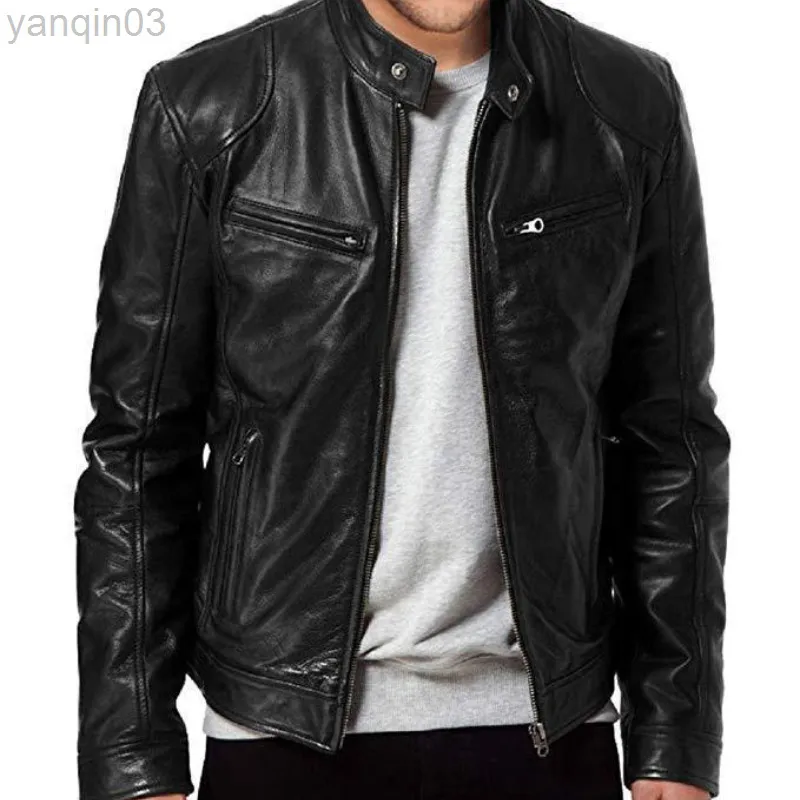 Men Pu Leather Jacket Hip Hop Stand Collar Man Motorfietspak Slanke winddichte Zip Up Biker Bomber Oversized L220801