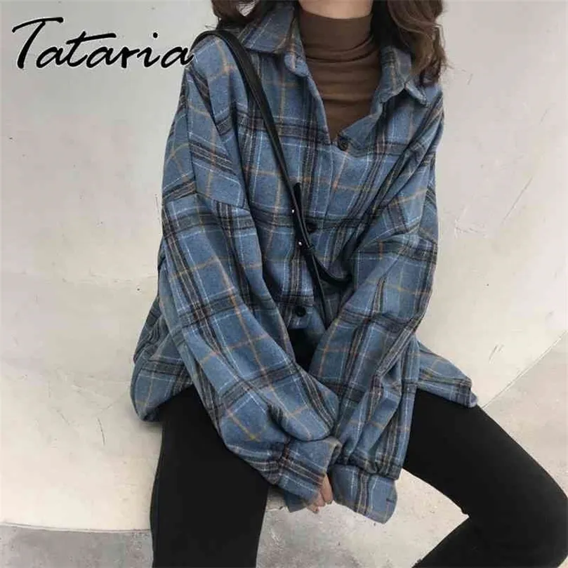 Blusas y camisas a cuadros de lana para primavera y otoño para mujer, camisa elegante informal de manga larga para mujer, blusas de algodón para mujer, blusas 210326