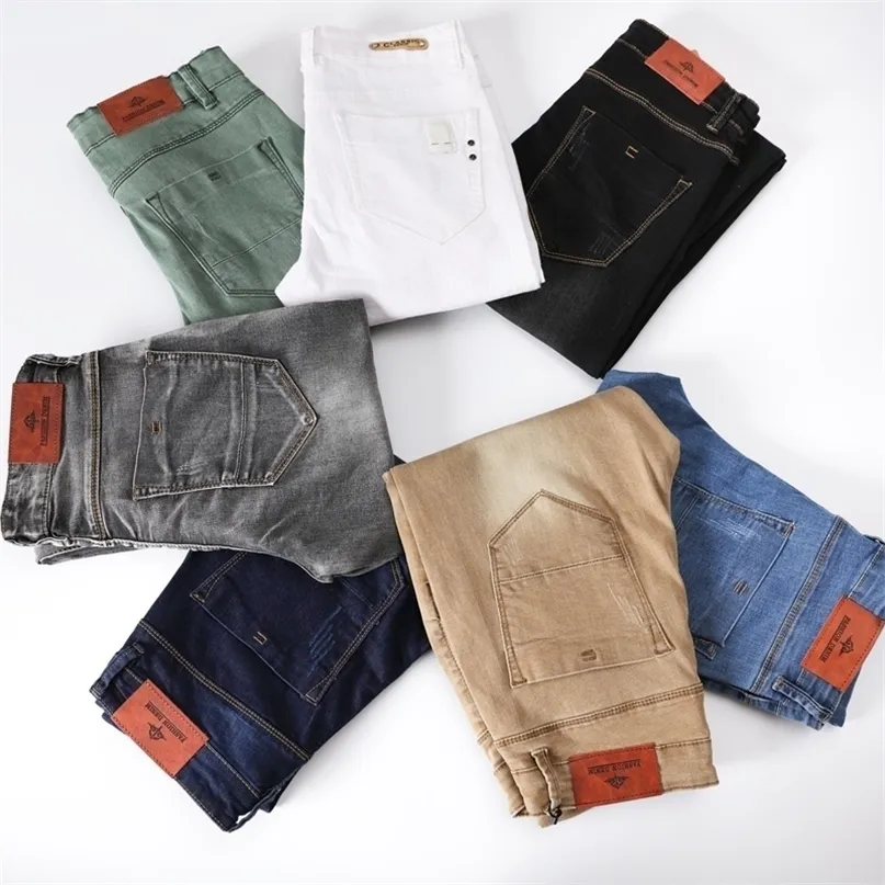 7 цветных мужчин растягивающиеся м джинсы мода повседневная стройная пригонка джинсовые брюки мужские серые черные хаки белые брюки 220328