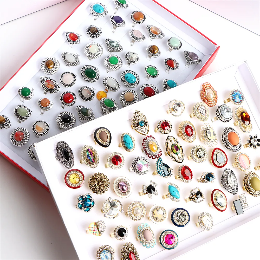 أزياء هندسة خمر باتن الحجر الملون حلقات مفتوحة المجوهرات للنساء