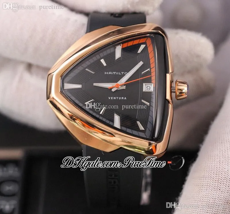 2022 Ventura Elvis80 H24585331 A2824 Montre Homme Automatique Or Rose Cadran Noir Orange Bracelet Caoutchouc Montres Super Edition Puretime F05b2