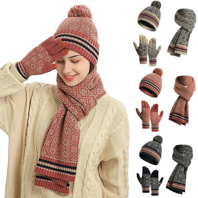 Boinas femininas moda inverno quente padrão vintage acrílico malha de lã Hat luvas de cachecol