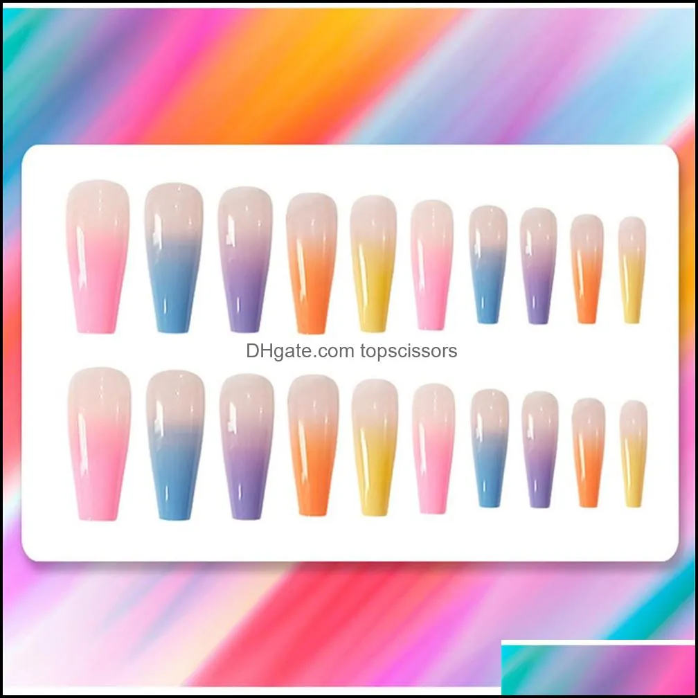 24Pcs/Set Reusable False Nail Tips Full Cover Rainbow Gradient Nail Tips with Designs Press On Nails Art Fake Extension Tips