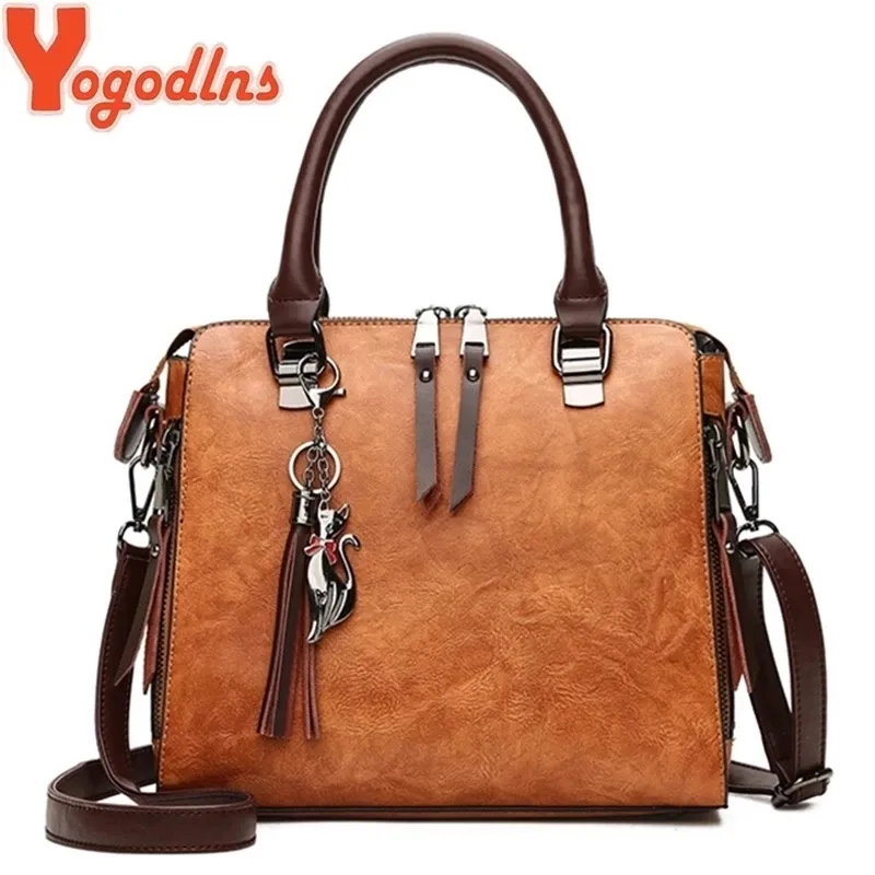 Yogodlns Vintage Cat Tassel Luxo Bolsa Feminina Bolsas Femininas com Zíper Duplo Bolsa de Ombro Transversal Casual Shell Tote Ladie 220517