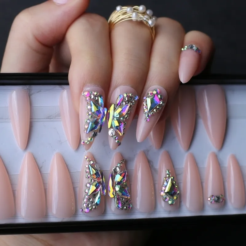 ALMOND Butterfly Crystal Luxury Stiletto Box 24pcs UV Acrílico Nails Bling Diy Balé Matte Pink Fasle Nails 220725