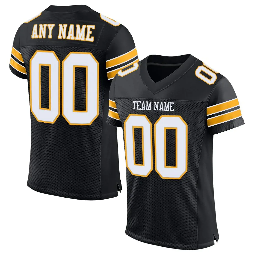 Custom Black White-Gold Mesh Authentic Football Jersey