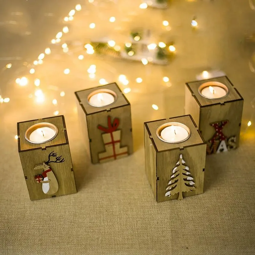 Creative Christmas Lamp For Tea Light Wood tree Decoration Gift box Letter Elk Candle C0823