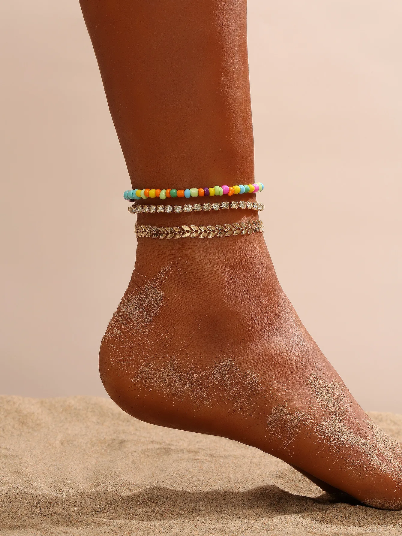 S2885 أزياء المجوهرات خمر تلوين سلسلة من الرافعات المعدنية المصفاة للمرأة راينستون الخرز الشاطئ Anklet 3pcs/set