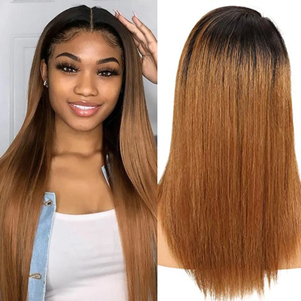 KISSHAIR 4x4 lace closure wig T1B27 T1B30 ombre color Brazilian human hair wig golden blonde medium auburn front lace wig