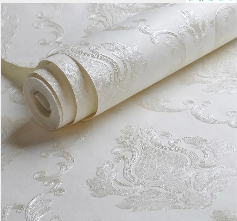 Papel pintado de damasco en relieve blanco cremoso Fondo de sala de estar de dormitorio Patrón floral Papel de pared con textura 3D