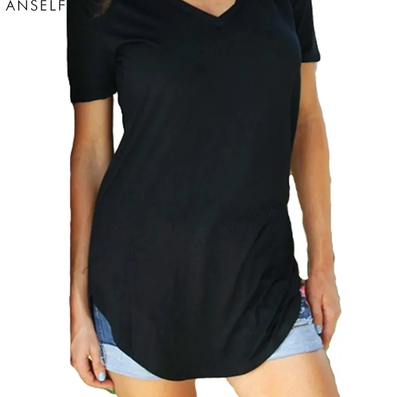 Негабаритная футболка женщины лето 3XL 4XL 5XL плюс размер топы повседневные туники женские TEE V шеи с коротким рукавом большая длинная футболка 220321