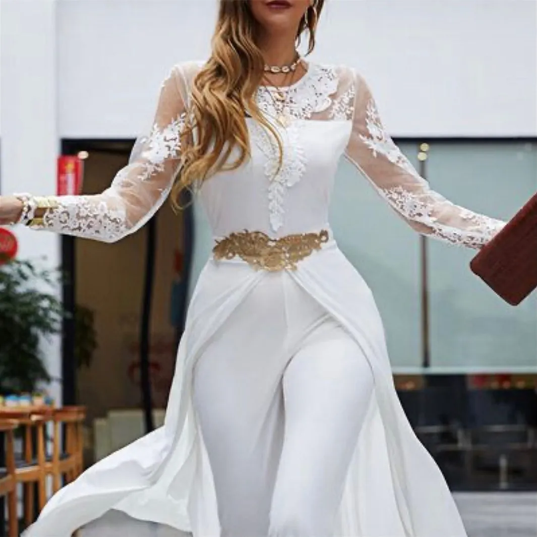 Classy Long Sleeves Wedding Dress Jumpsuits With Train 2022 Lace Appliques Bridal Reception Gowns Jewel Neck Elopement Pants Suits Ivory Bride Shower Dresses