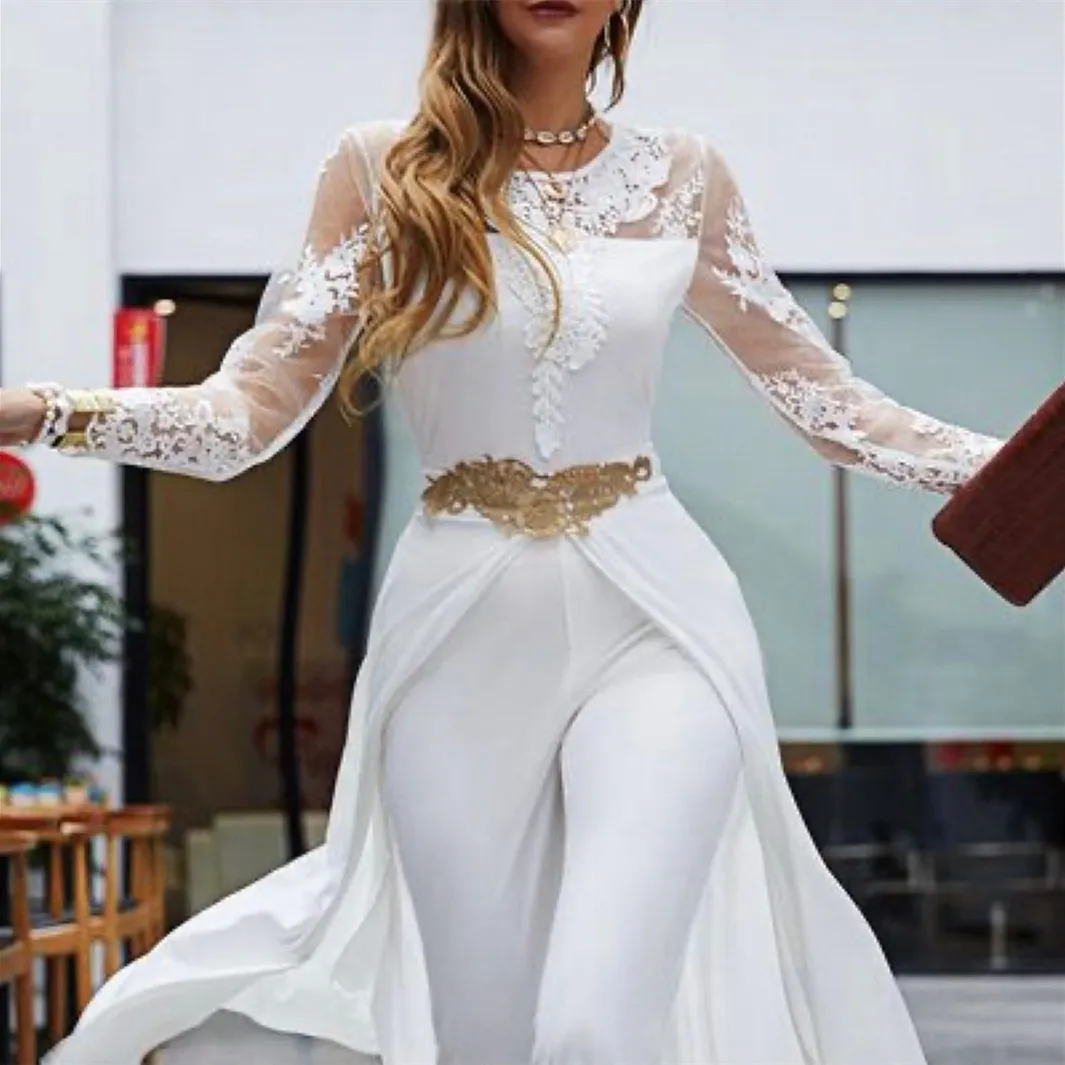 Elegante vestido de novia de manga larga Monos con tren 2022 Apliques de encaje Vestidos de recepción nupcial Cuello joya Pantalones de fuga Trajes Vestidos de ducha de novia de marfil