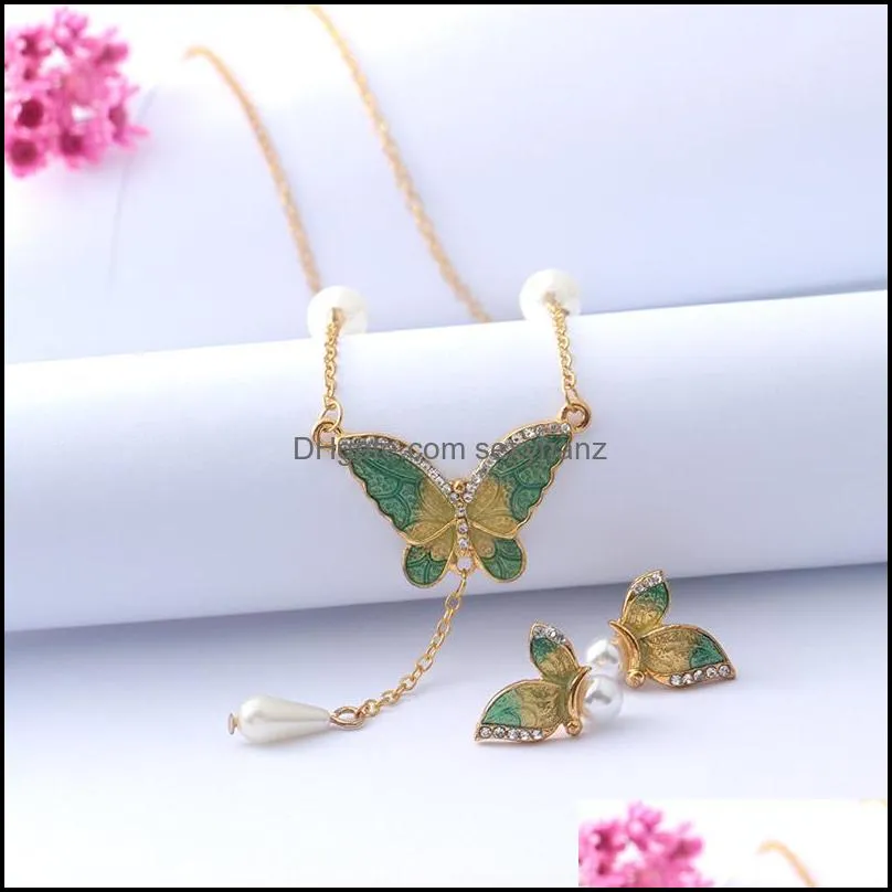 Imitation Pearl Necklace Earrings Butterfly Pendant Ladies Colorful Jewelry Set