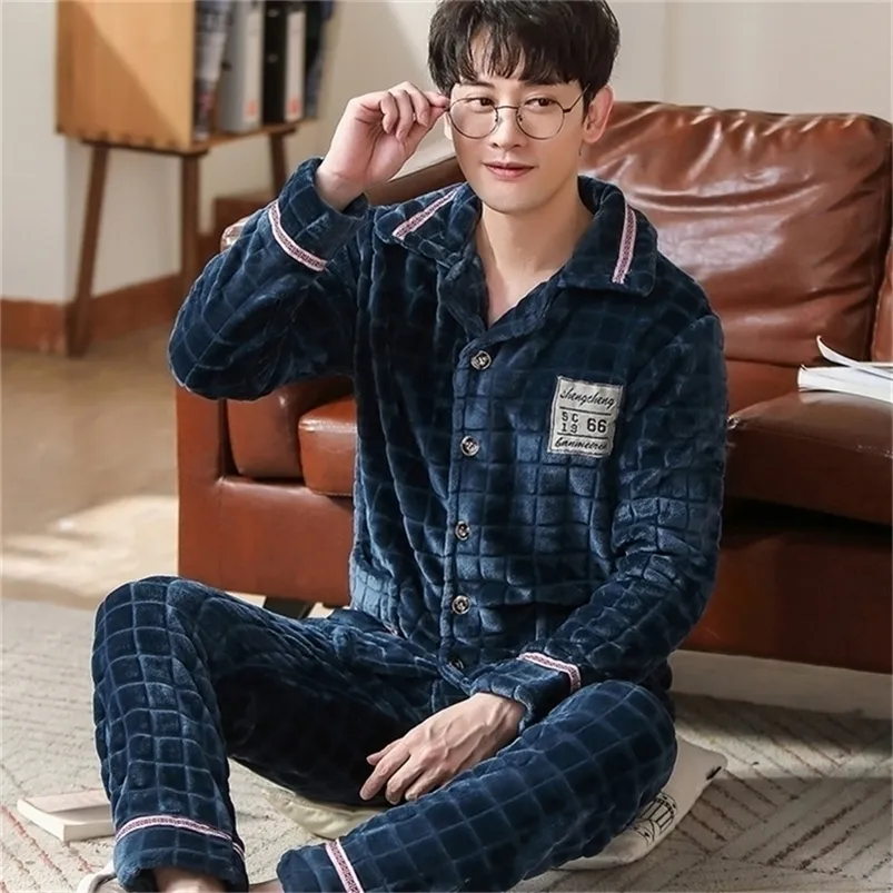 2020 Dikke Dikke Warm Blue Flanel Pyjama Sets voor mannen Lange mouw Coral Velvet Sleepwear Suit Loungewear Huiskleding Huiskleding LJ201112