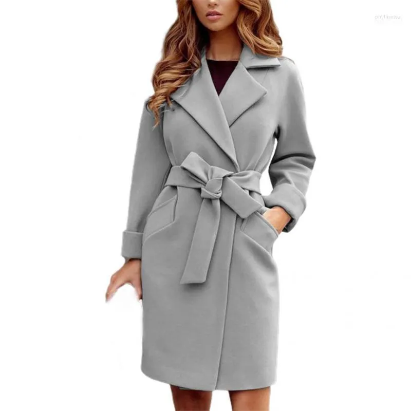 Cappotto da donna in misto lana Cappotto alla moda in vita stretta con lacci Collo rovesciato Cardigan Giacca invernale da donna in viaggio Trench Phyl22