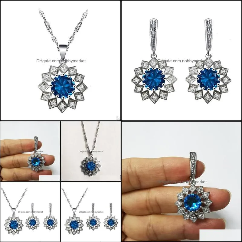 Earrings & Necklace Flower Shape Design 925 Silver Blue Zircon Pendant Jewelry Set Fashion Anniversary Gift JS831