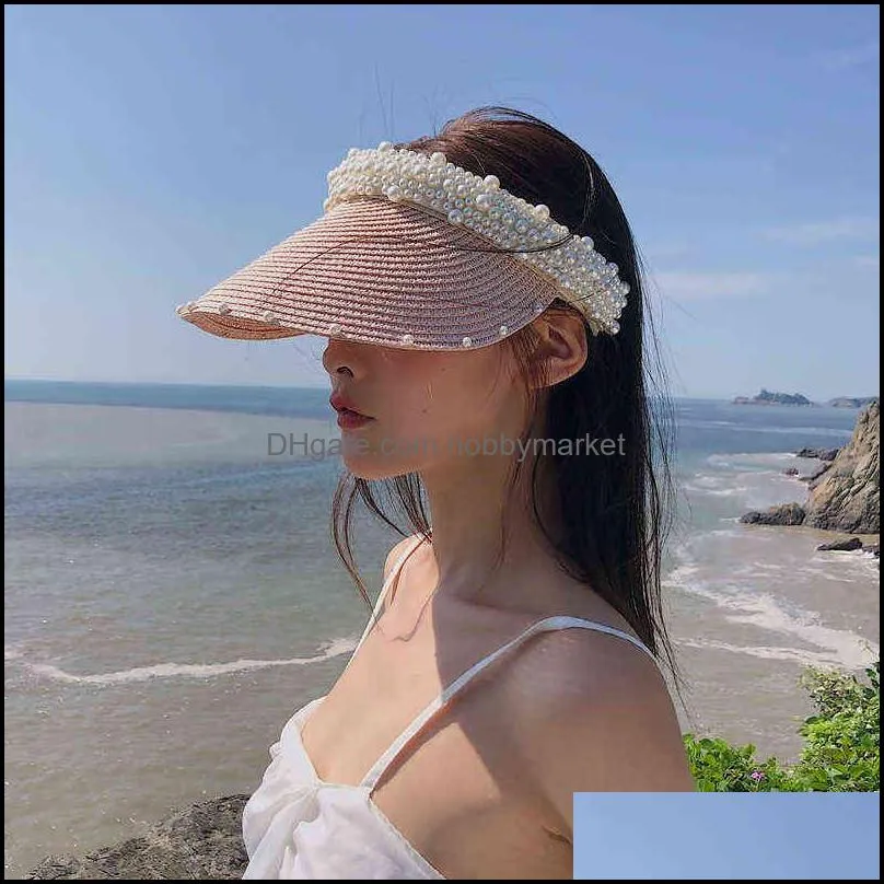 2021 New Straw Hat Women`s Summer Handmade DIY Pearl Beach Straw Hat Women`s Sun Casual Shade Sun Empty Top Hat Beach G220304