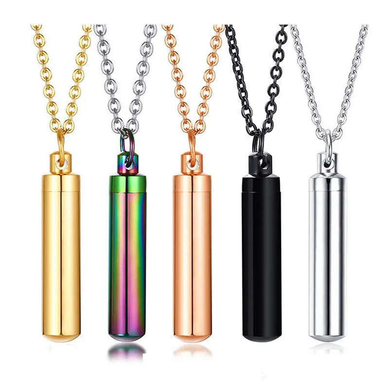 Collier d'urne de crémation de cylindre de 5 couleurs pour les cendres Memorial Keepsake Pendentif Bijoux de souvenir en acier inoxydable pour femmes ou hommes