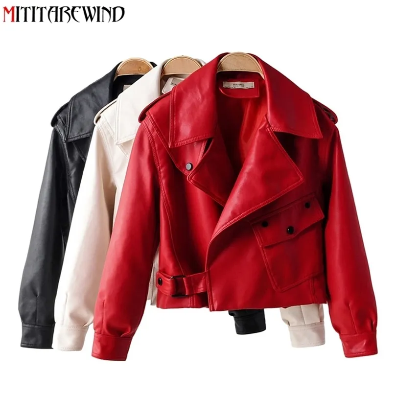 Spring Autumn Leather Jacket Women Faux PU Motorcycle Leather Jacket Coat Biker Red White Coat Turn Down Collar Loose Clothing 210908