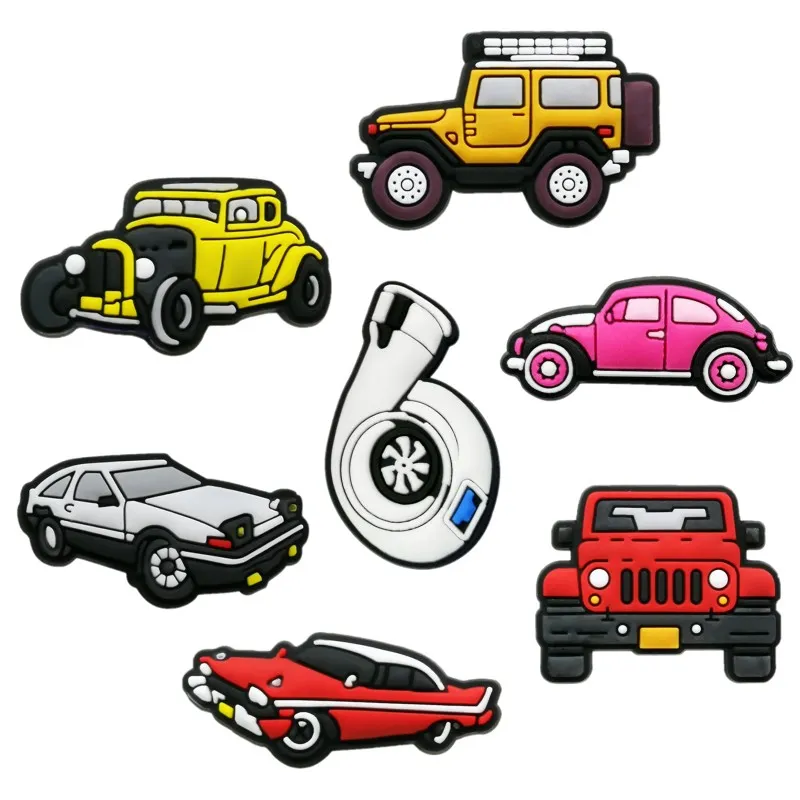 20pc/set Cars Drive Automobile Pattern Croc Jibz Charms 2d Soft Plastic Clog Pins sko delar Tillbehör Knappar Sko Charm Buckles Dekorationer Fit män Sandaler