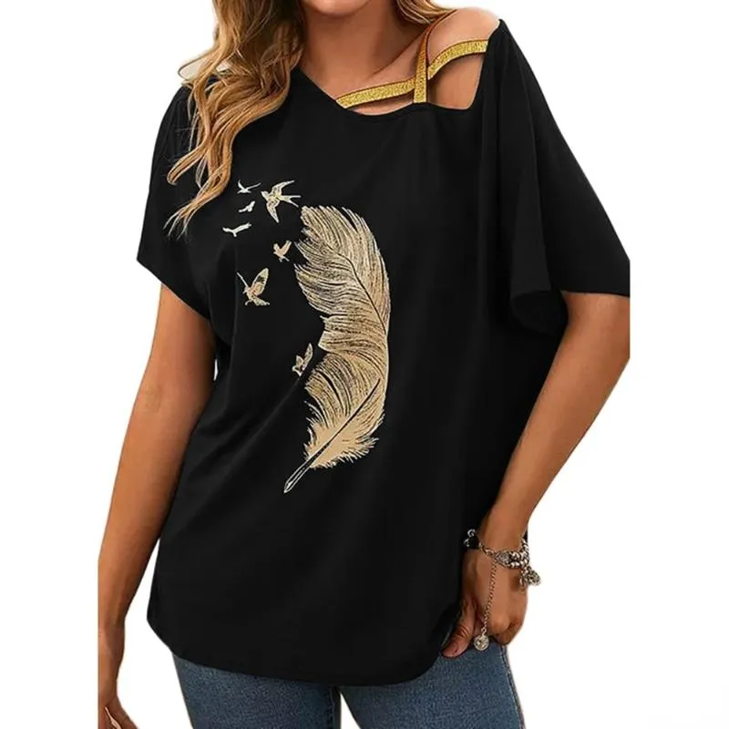 Women's Blouses & Shirts Women Summer Loose Short Sleeve One Shoulder Blouse Casual Shirt Feather Print Blusas Cortas Sexy Female Tops