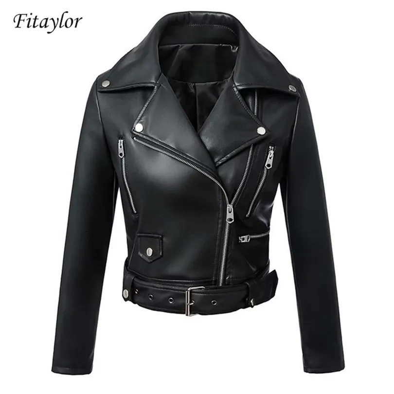 Fitaylor Black Faux Leather Jacket Women Spring Autumn Jackets de couro PU curtos com zíper de cinto Moto Biker Casat 210923