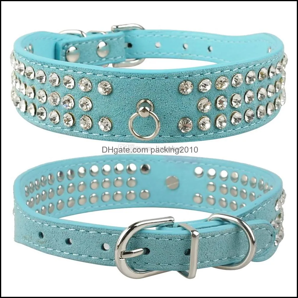 (6 Colors Mixed) Brand New suede Leather Dog Collars 3 Rows Rhinestone Dog collar diamante Cute Pet Collars 100% Quality 4 Sizes