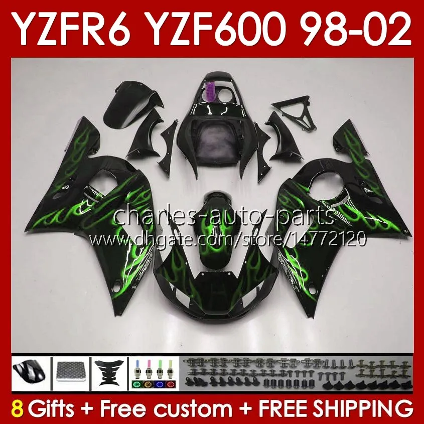 مجموعة الجسم ل yamaha yzf r6 r 6 98-02 yzfr6 98 99 00 01 02 هيكل العمل 145no.105 yzf 600 cc yzf-600 frame yzf-r6 yzf600 600cc 1998 1999 2000 2002 2002 abs green fairings fairings