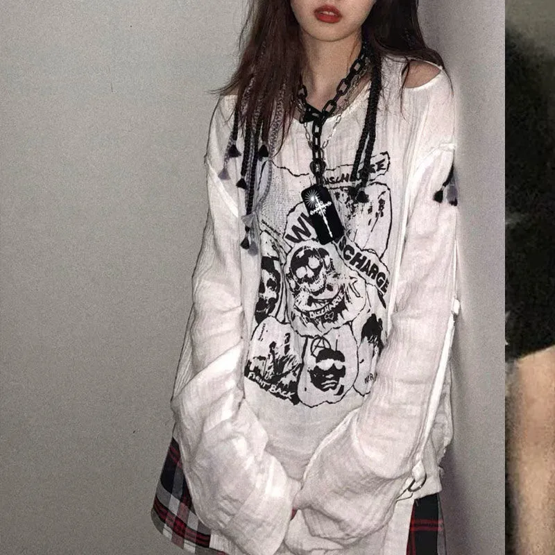 Womens Gothic Punk Skull Print Off Shoulder Long Sleeve T
