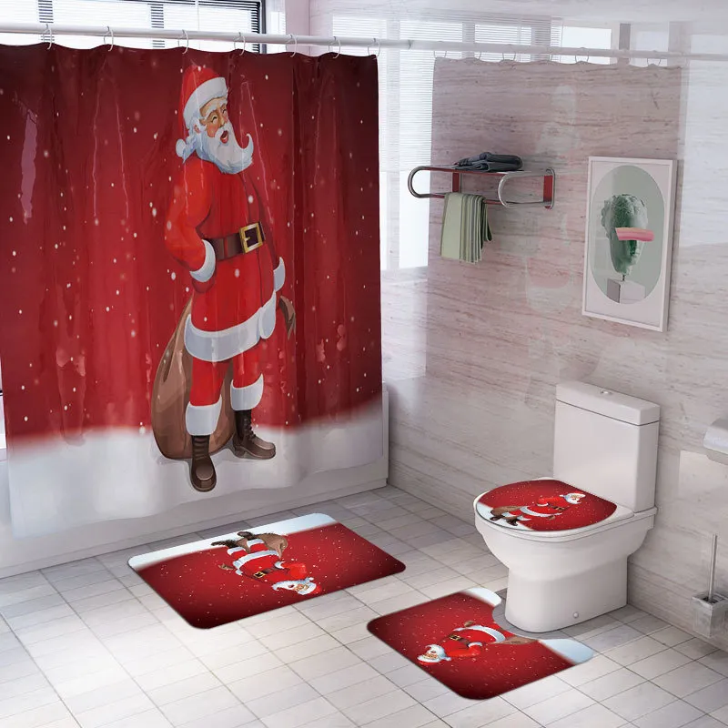 Christmas Shower Curtain Carpet Set Bathroom Toilet Mat Printing Waterproof Floor Mat