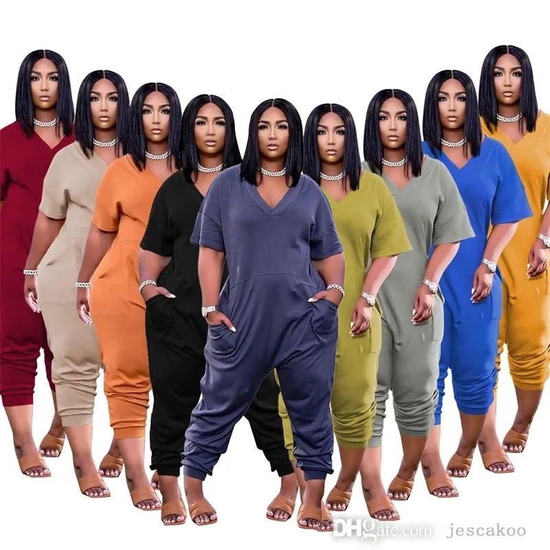 Frauen Plus Größe Overalls Designer Kleidung Mode Kurzarm Strampler V-ausschnitt Lange Onesies Sportswear Mit Taschen 5XL