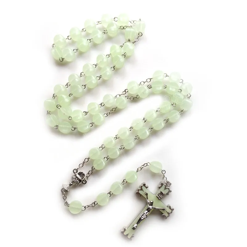 Gros acrylique perles lumineuses croix chapelet collier Long pendentif église chrétienne prière ornements