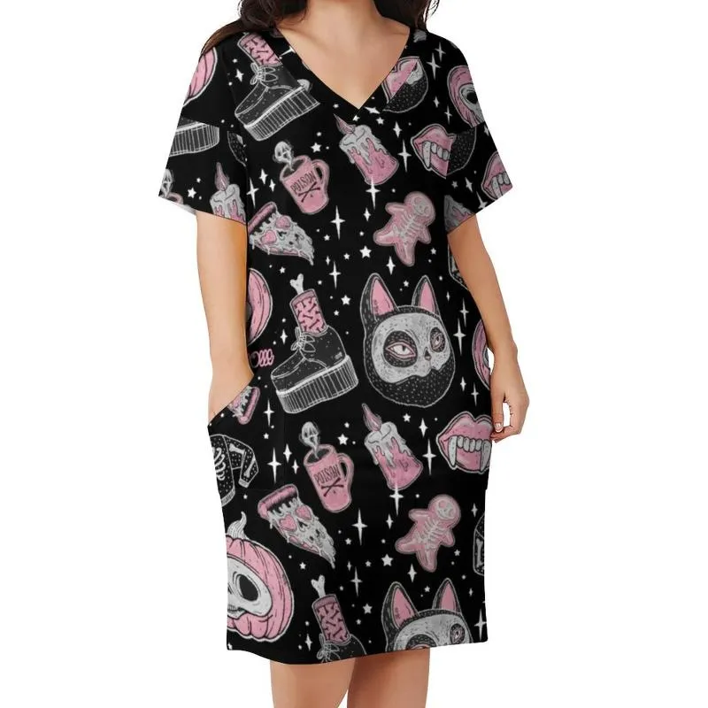 Plus Size Dresses Spooky Skeleton Casual Dress Women Pumpkin Spooks Creeps Retro Summer V Neck Street Fashion Pattern 4XLPlus