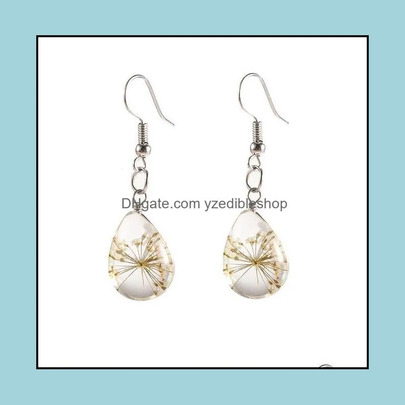 Real Dried Flower Earrings - Fashion Womens Waterdrop Glass Dried Flower Dangle Statement Earrings ( Silver Plated )
