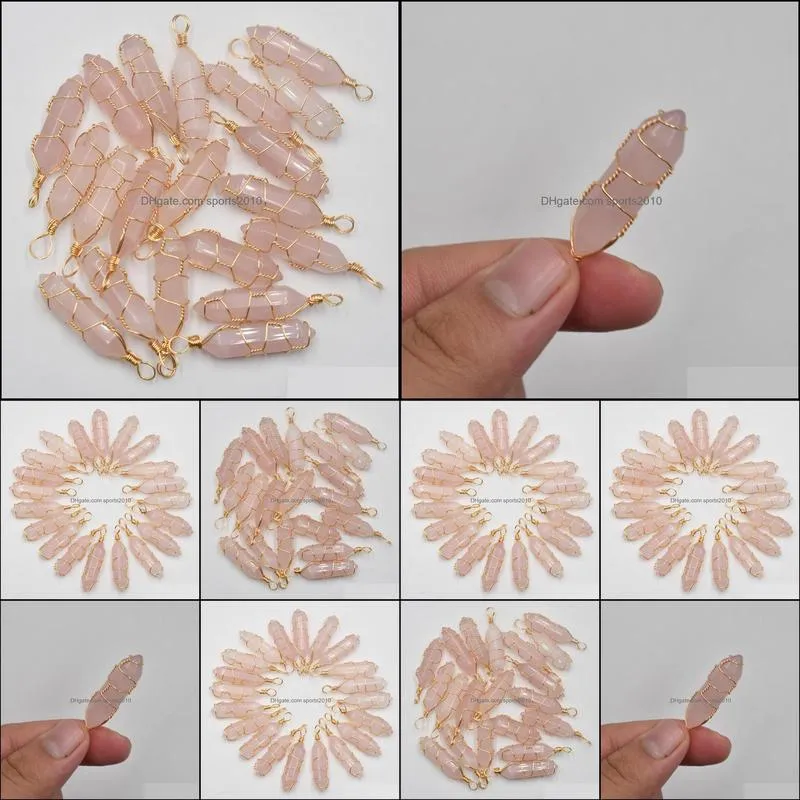 wire wrap natural stone rose quartz bullet shape charms point chakra pendants for jewelry making wholesale handmade craft sports2010