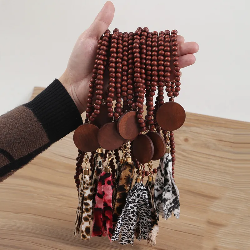 Leopard Pattern Tassel Pendant Necklace Natural Timber Beads Wood Chip Necklaces Cloth Retro Ethnic Style DIY Gifts