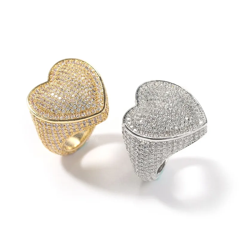 Hip Hop Mens Big Size 6-9 Heart Full Zircon Men Gold Silver Ring Iced Out Micro Pave CZ Rings Punk Jewelry