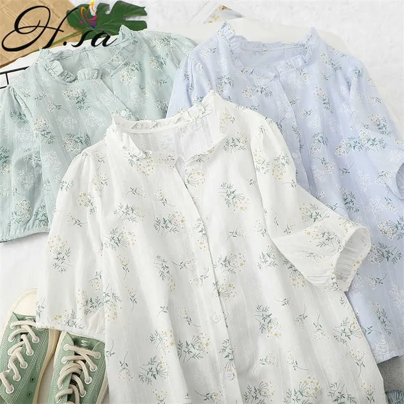 HSA Summer Shirts For Women Fashion Short Sleeve Peter Pan Collar Garn Löst blus och toppar Knapp upp All-Match Top Ladies 210716