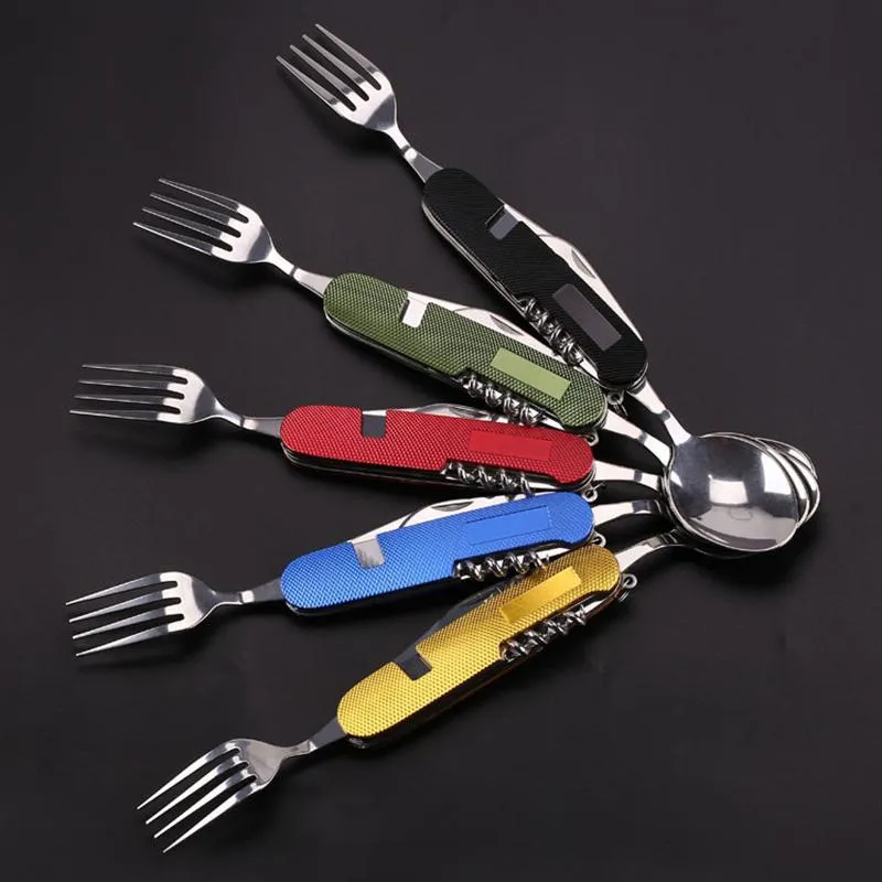 Multifunctional Folding Knife Dinnerware Sets Portable Combination Folding Cutlery Keychain Pendant Outdoor Camping Tools 